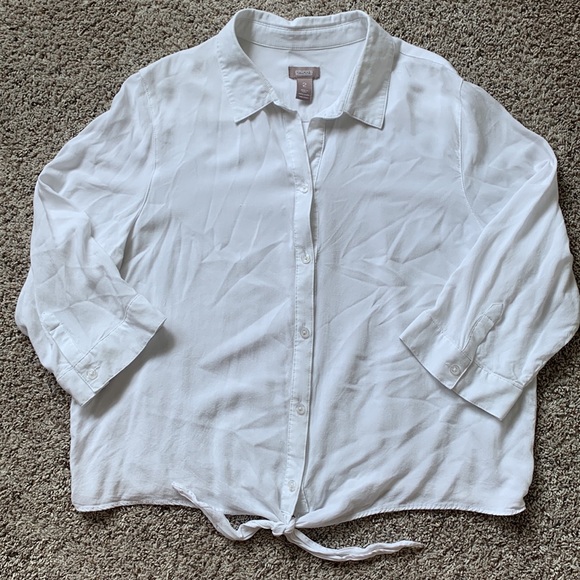 Chico’s White Button Down Front Tie 3/4 Sleeve Blouse - Picture 6 of 14